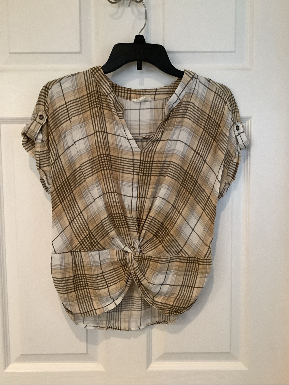 Beige Plaid Knot-Front Blouse - Women's Casual Top